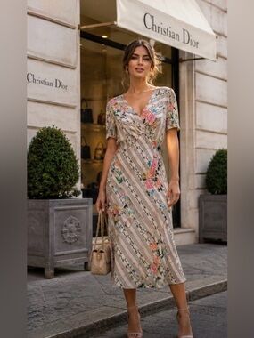 Authentic John Galliano Y2K Silky Floral Bias Cut Dress Striped Draped Midi 8-10